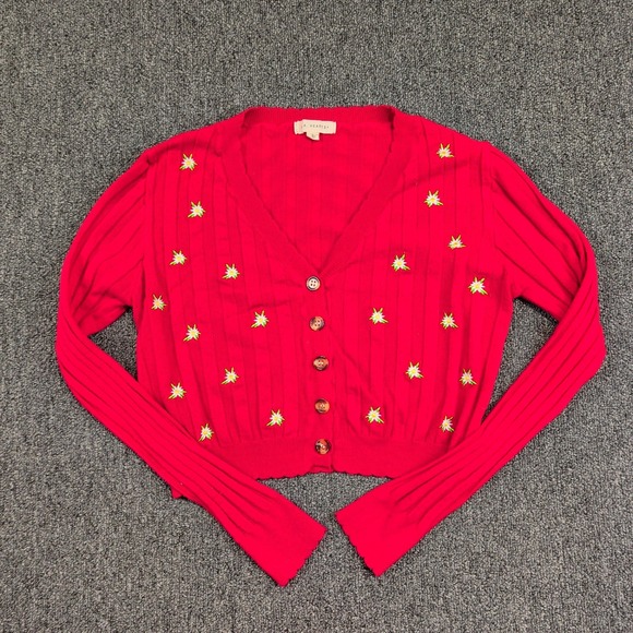 LA Hearts Cottagecore Embroidered Floral Cardigan L Red Cropped Ribbed V-Neck — photo 2